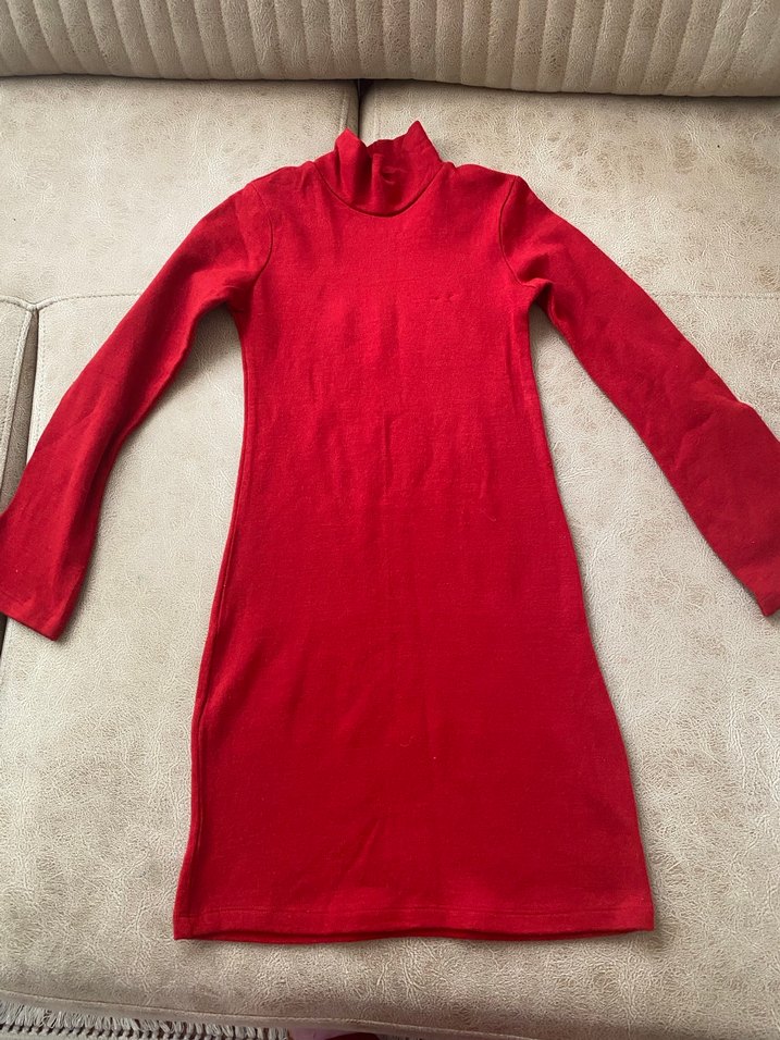 Kırmızı Yüksek Yakalı Triko Elbise - Görsel 2