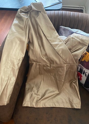 Bej Deri tek omuz mini elbise - Görsel 4