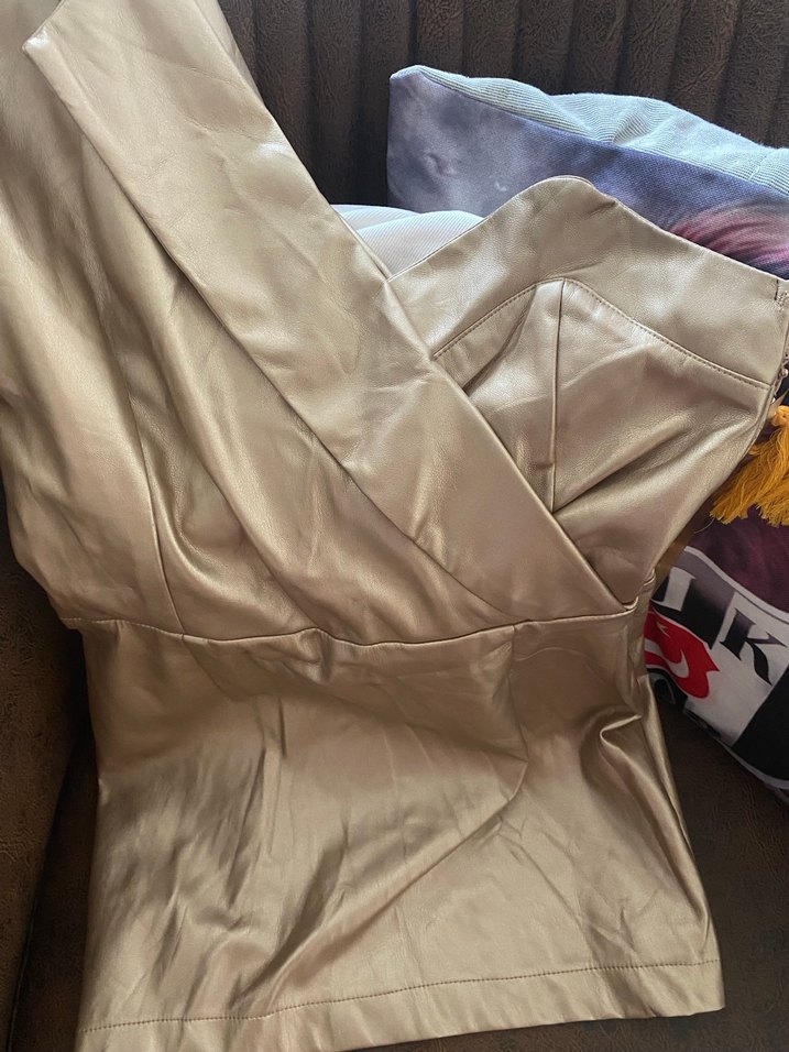 Bej Deri tek omuz mini elbise - Görsel 2