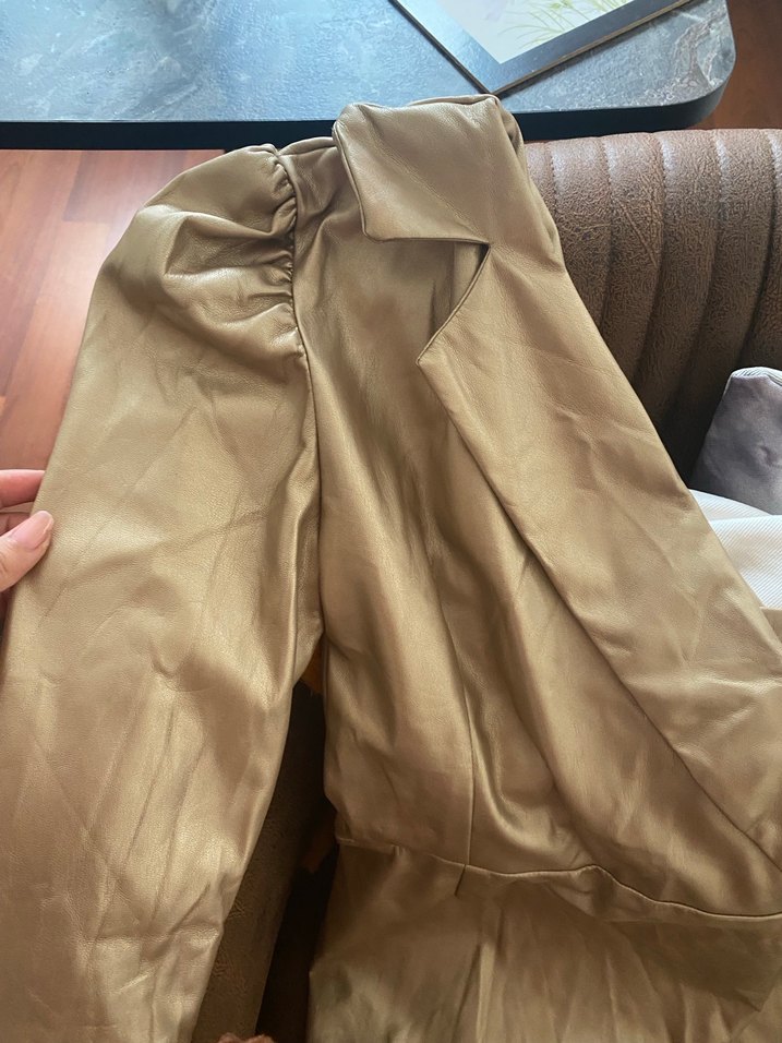 Bej Deri tek omuz mini elbise - Görsel 3