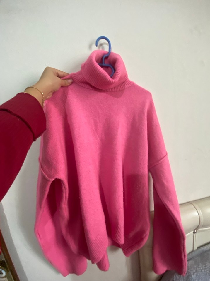 Pembe Boğazlı Örgü Kadın Kazak - Görsel 2