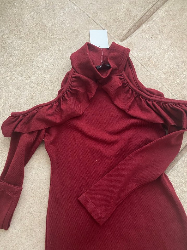 Bordo Kadın Süet Midi Elbise - Görsel 2