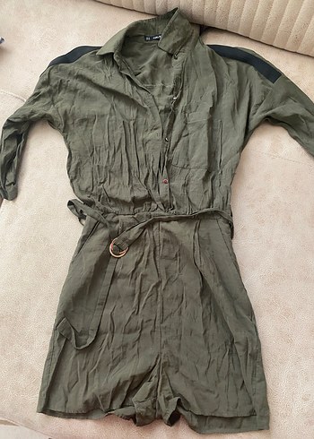 Kemerli Kadın Kısa Tulum - Haki Renk - Görsel 2