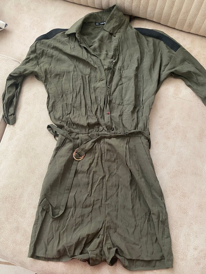 Kemerli Kadın Kısa Tulum - Haki Renk - Görsel 2