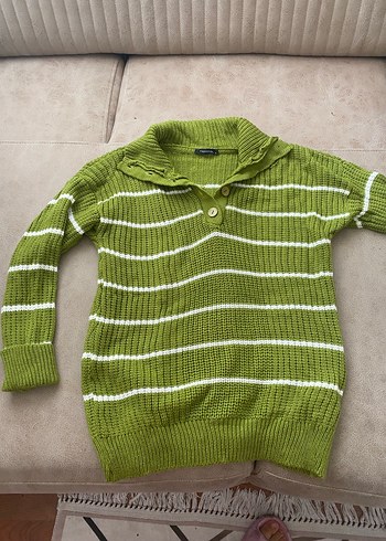 Yeşil Çizgili Örgü Kadın Kazak - Görsel 2