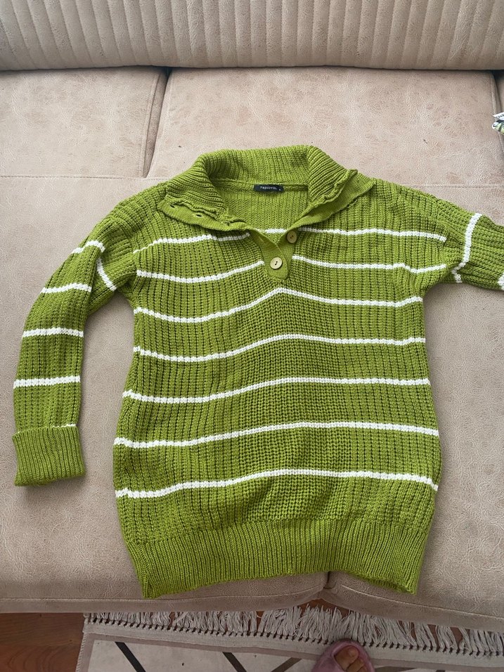 Yeşil Çizgili Örgü Kadın Kazak - Görsel 2