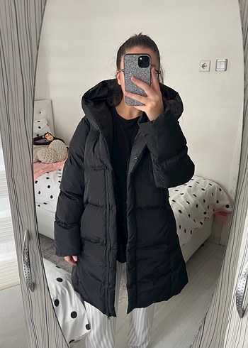 xs Beden Siyah Kadın Midi Boy Şişme Mont