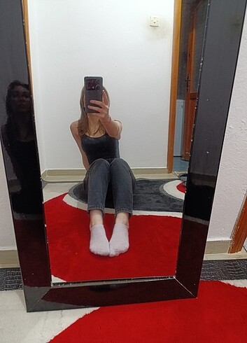 Koyu gri düğmeli mom jean