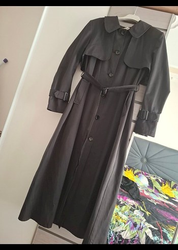 Siyah Uzun Kemerli Kadın Trençkot - Görsel 2