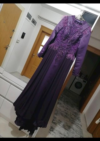 Mor Uzun Kollu Nakışlı Abiye Elbise - Görsel 2