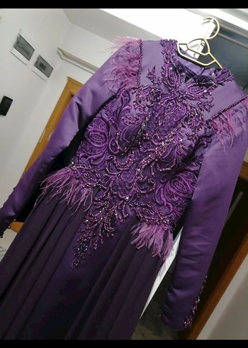 Mor Uzun Kollu Nakışlı Abiye Elbise - Görsel 4