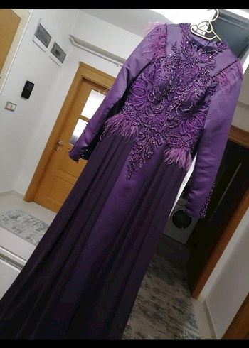 Mor Uzun Kollu Nakışlı Abiye Elbise - Görsel 3