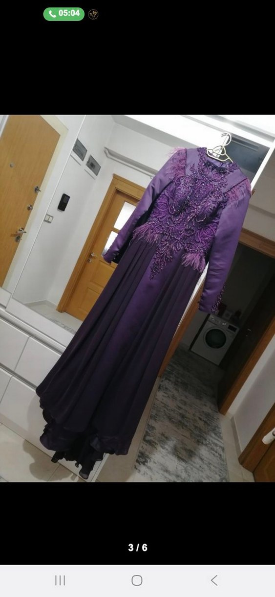 Mor Uzun Kollu Nakışlı Abiye Elbise - Görsel 2
