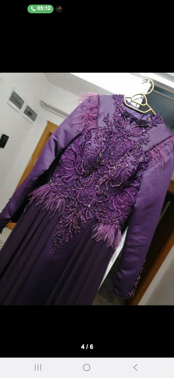 Mor Uzun Kollu Nakışlı Abiye Elbise - Görsel 4