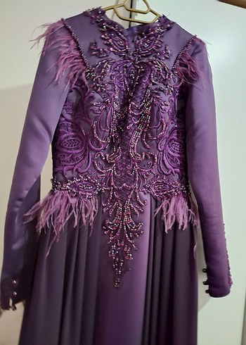 Mor İşlemeli Uzun Kollu Abiye Elbise - Görsel 5