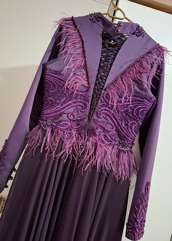 Mor İşlemeli Uzun Kollu Abiye Elbise - Görsel 6