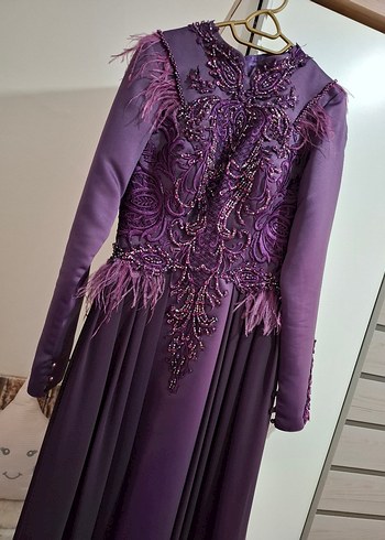 Mor İşlemeli Uzun Kollu Abiye Elbise - Görsel 4