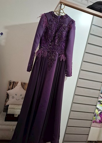 Mor İşlemeli Uzun Kollu Abiye Elbise - Görsel 3