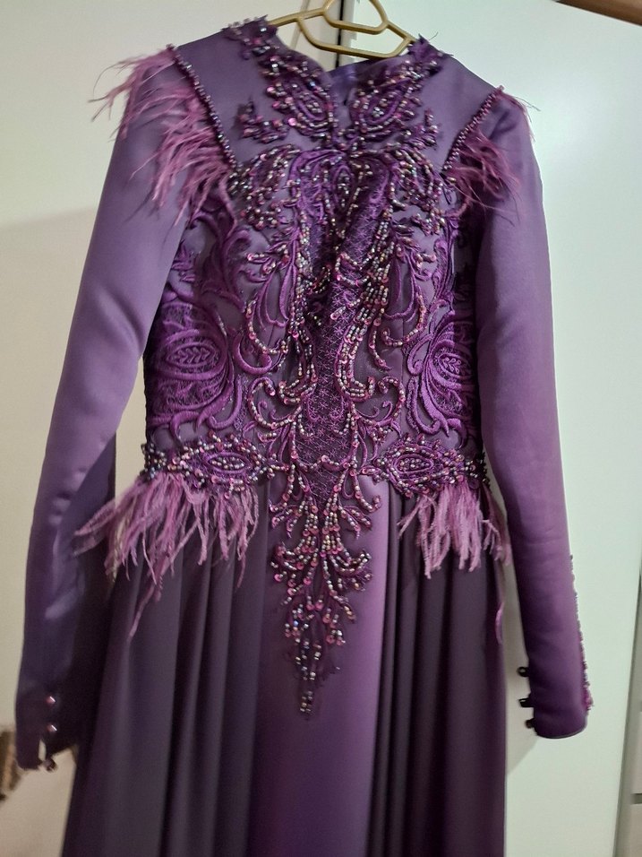 Mor İşlemeli Uzun Kollu Abiye Elbise - Görsel 5