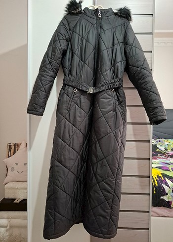 Kemerli Siyah Uzun Kadın Kışlık Mont - Görsel 6