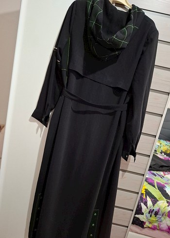 Nakışlı Siyah Kadın Uzun Kemerli Kaban - Görsel 6