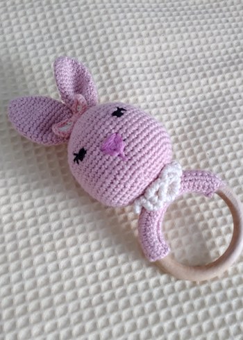 Pembe Örgü Tavşan Diş Kaşıyıcı ve Çıngırak