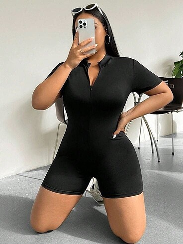 m Beden #Kısa kollu önü fermuarlı bodycon dalgıç tulum#