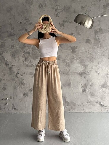 universal Beden camel Renk #BELİ LASTİKLİ GENİŞ PAÇA BÜRÜMCÜK PANTOLON#