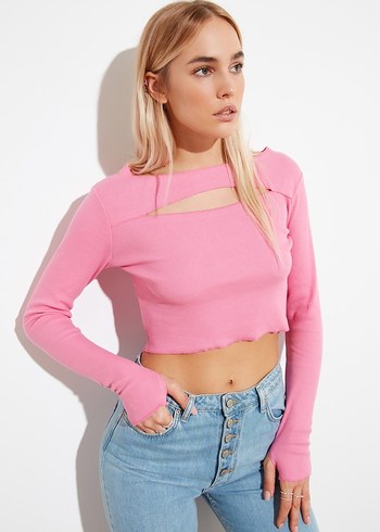 Pembe Uzun Kollu Kısa Bluz