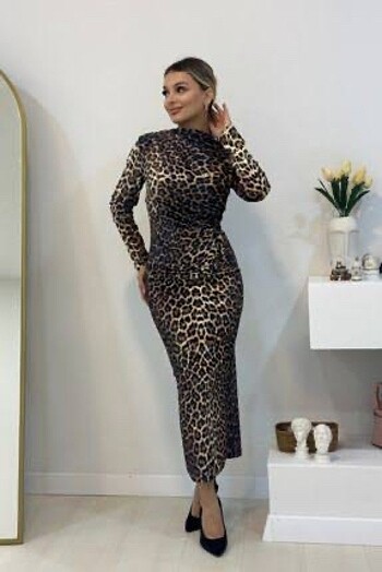 Leopar uzun elbise