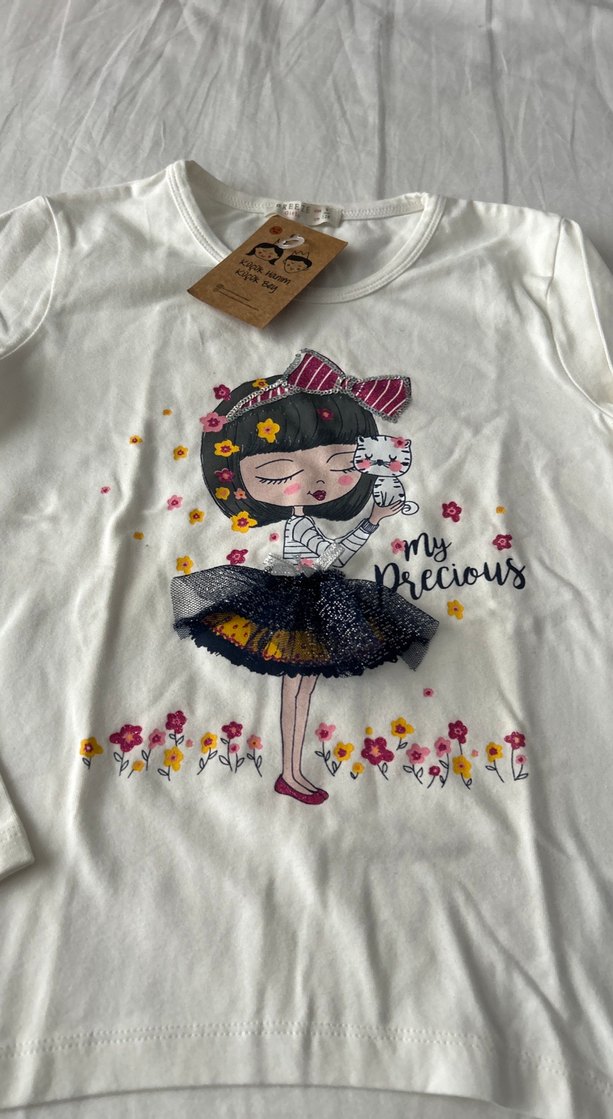 Beyaz Baskılı Kız Çocuk Uzun Kollu Tişört - Görsel 2