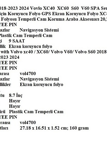Diğer Vovlo GPS Ekran Koruyucu Folyo 20,7 cm
