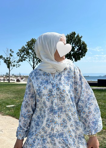 Diğer Uzun Kol ve Yüksek Yakalı Mavi Çiçek Desenli Elbise