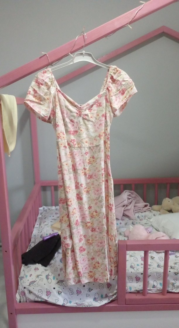 Pembe Çiçek Desenli Midi Bohem Elbise - Görsel 2