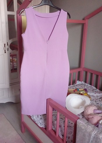 Mor V Yakalı Drapeli Midi Kalem Elbise - Görsel 5