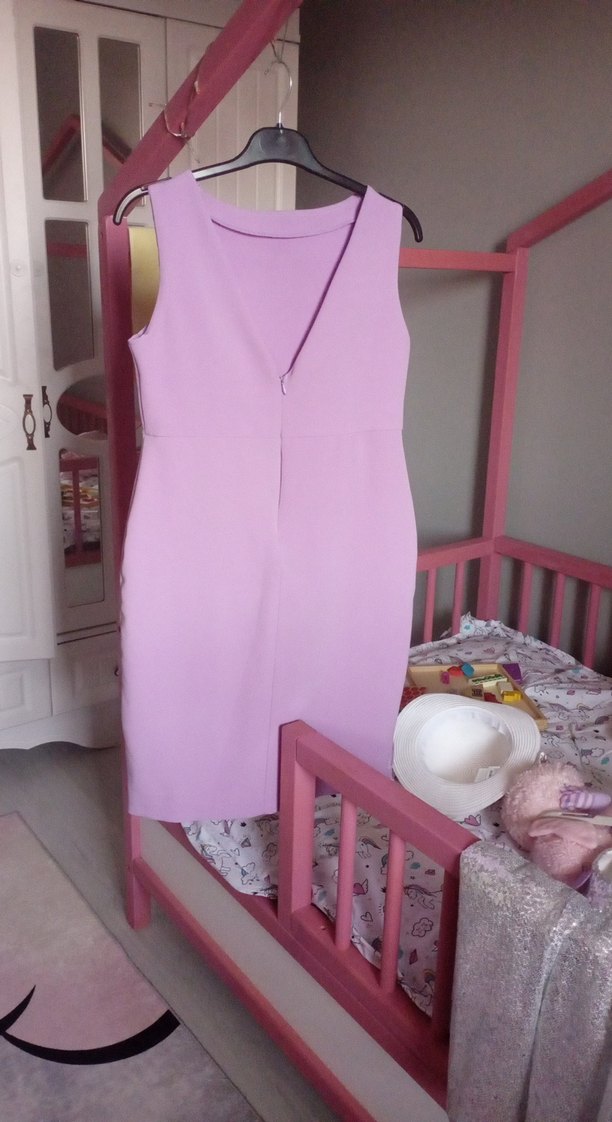 Mor V Yakalı Drapeli Midi Kalem Elbise - Görsel 5