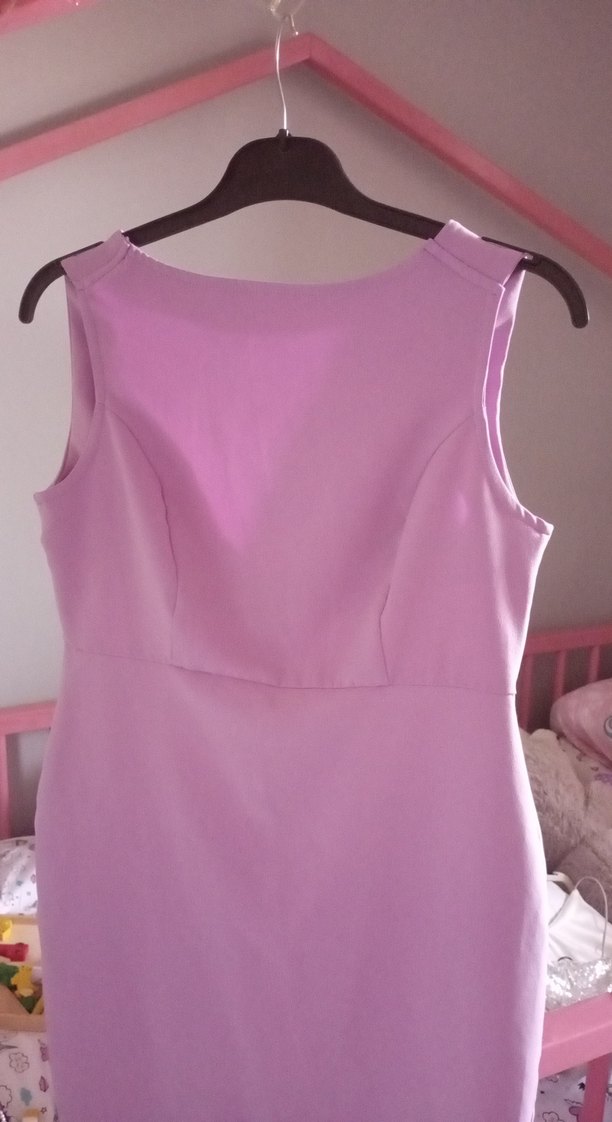 Mor V Yakalı Drapeli Midi Kalem Elbise - Görsel 3