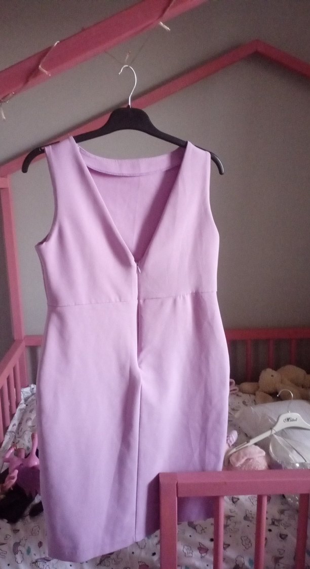 Mor V Yakalı Drapeli Midi Kalem Elbise - Görsel 4