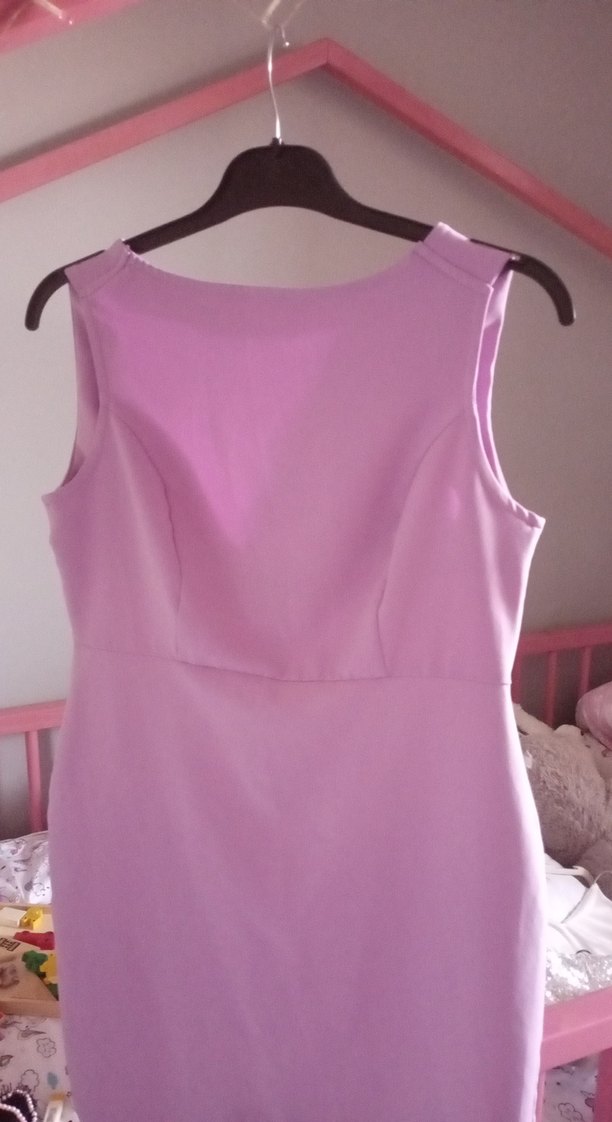 Mor V Yakalı Drapeli Midi Kalem Elbise - Görsel 2