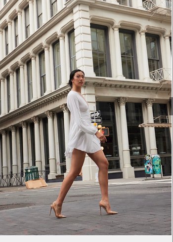 Beyaz Pilili Mini V Yaka Elbise - Görsel 5