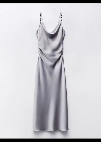 Zara Gri Saten Askılı Uzun Elbise - Görsel 3