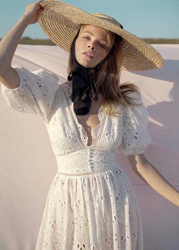 Sagaza Dantel Detaylı Beyaz Bohem Uzun Elbise - Görsel 2