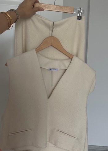 Krem V Yaka Kadın Süveter ve Etek - Görsel 8