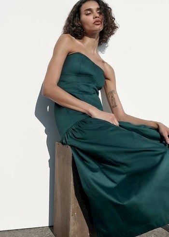 Zara Yeşil Straplez Uzun Kadın Elbise - Görsel 2