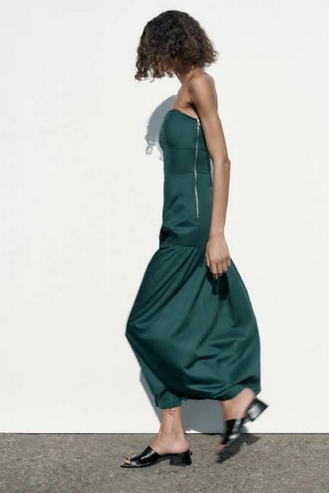 Zara Yeşil Straplez Uzun Kadın Elbise - Görsel 3