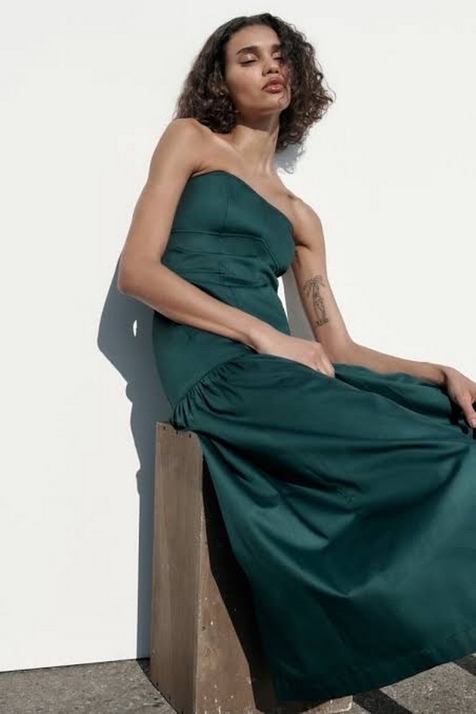 Zara Yeşil Straplez Uzun Kadın Elbise - Görsel 2