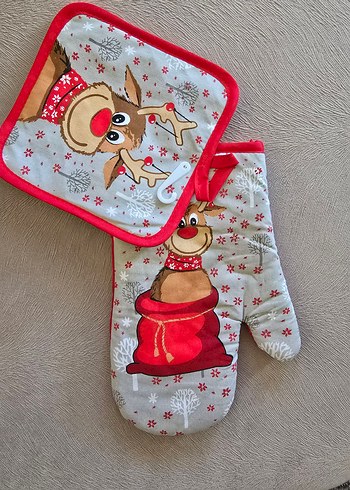 yurt dışından Gri Baskılı Mutfak Eldiveni ve Tutacak Seti - Görsel 2