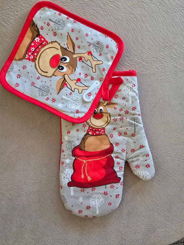 yurt dışından Gri Baskılı Mutfak Eldiveni ve Tutacak Seti - Görsel 2