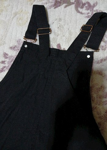 Kadın Siyah Keten Mini Salopet - Görsel 4