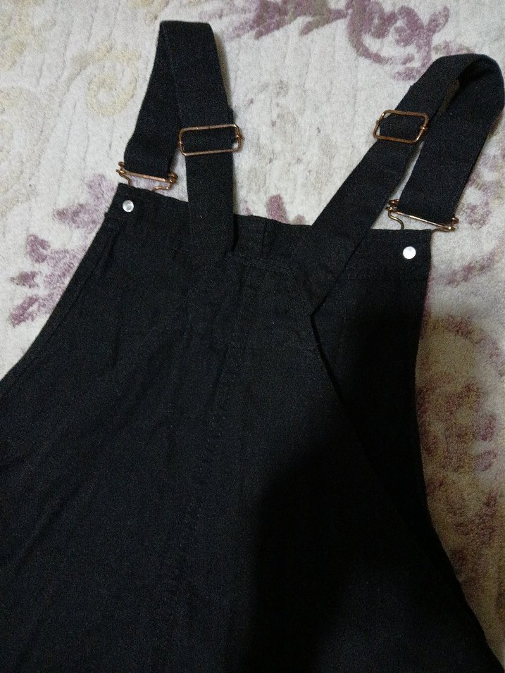 Kadın Siyah Keten Mini Salopet - Görsel 4